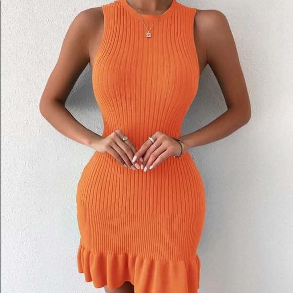 Ruffle Hem Ribbed Knit Sweater Dress 